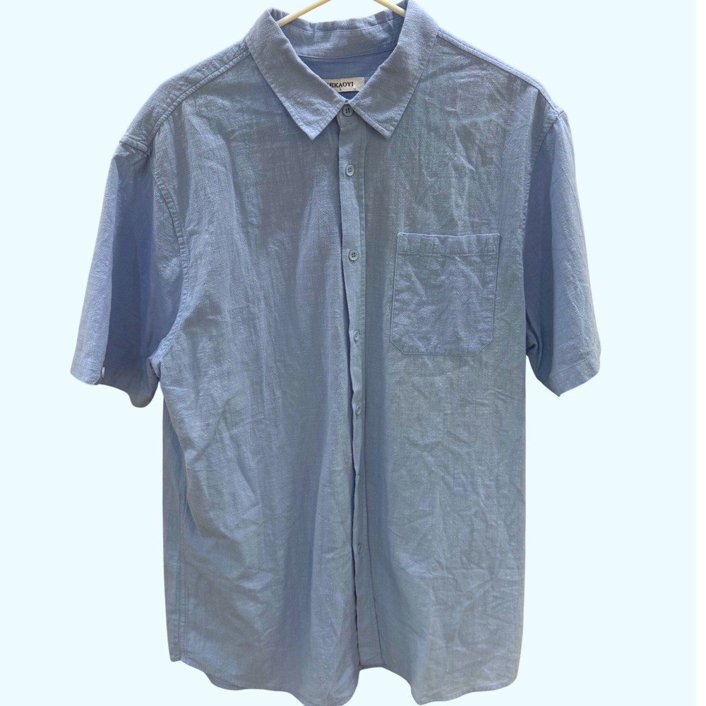 Jekaoyi Linen Blend Button Front Shirt Men's L Blue Relaxed Coastal Minimalist
